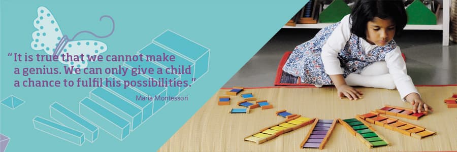 Montessori materials laid out on the shelves at the magic years